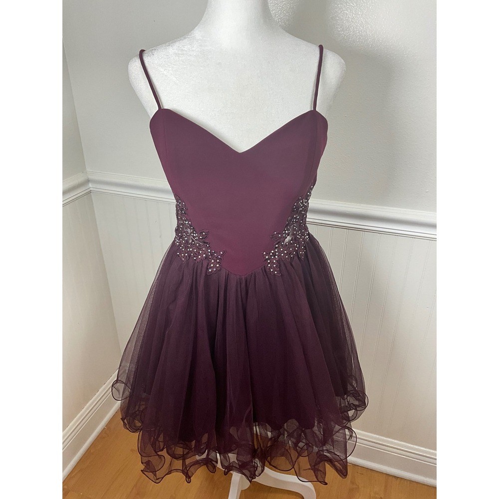 Blondie Nites Maroon Cocktail‎ Dress Tulle Beaded Spaghetti Strap Junior Size 5